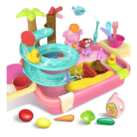 Kids Play Sink with Running Water, 4-in-1 Water Table Toy with Slide Track, Pink - Picture 1 of 5